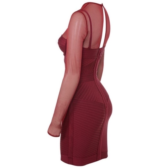 HOUSE OF CB Noelle Wine Bandage Mesh Dress - Picture 3 of 8